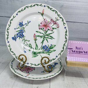 International Tableworks TERRACE BLOSSOMS Floral Stoneware Dinner Plates Set 2